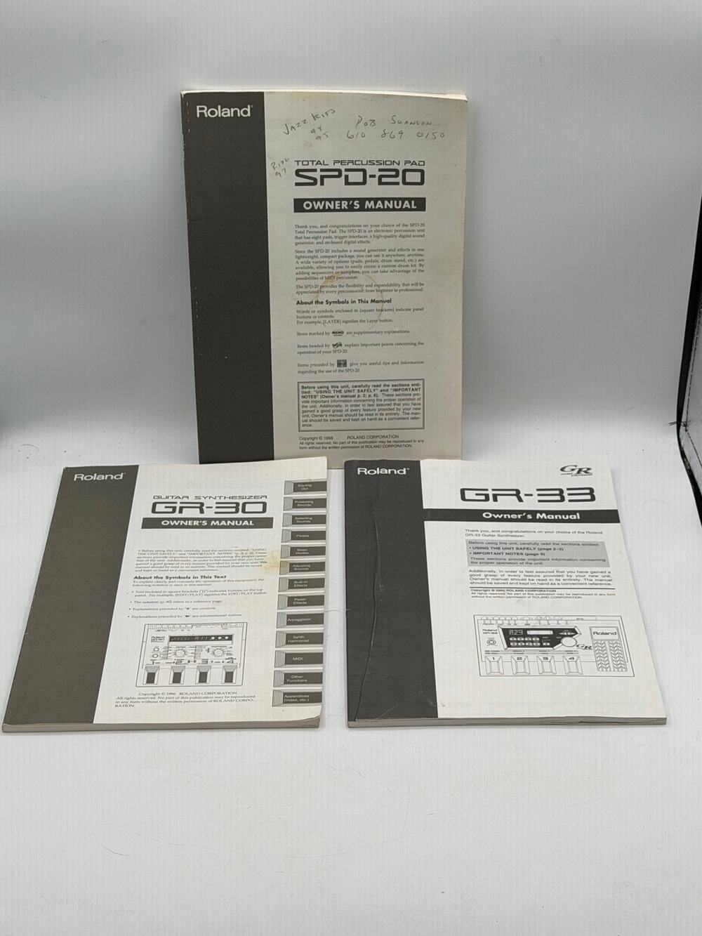 Vintage Roland Owner Manual Lot-SPD-20 Percussion Pad, GR-30/GR-33 Synthesizers